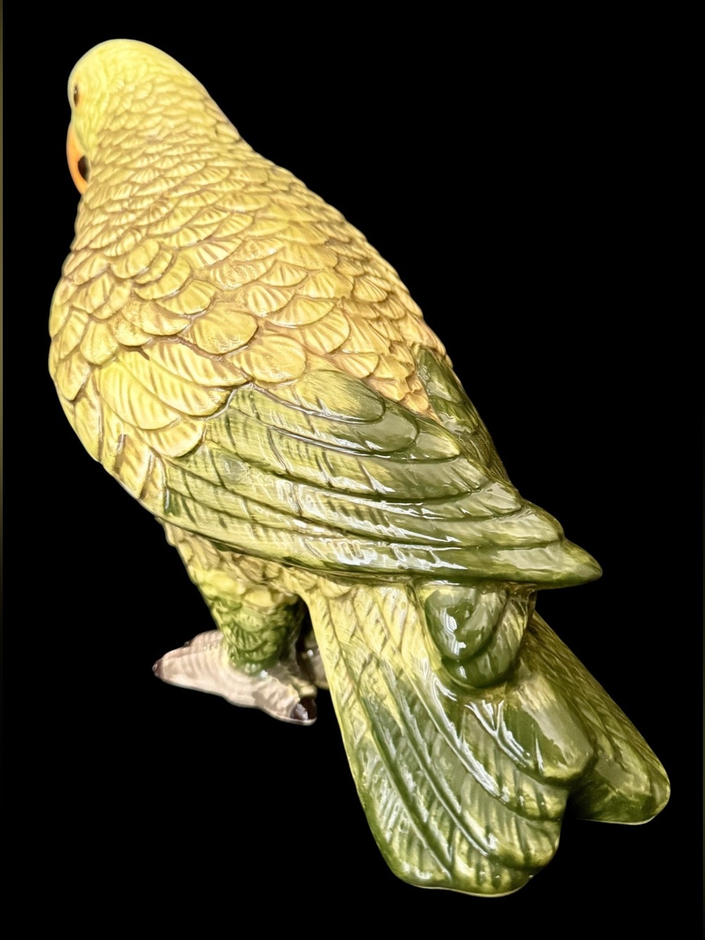 Porcelain Parrot Figure Green Yellow Orange Beak Tropical Bird Glossy 8”
